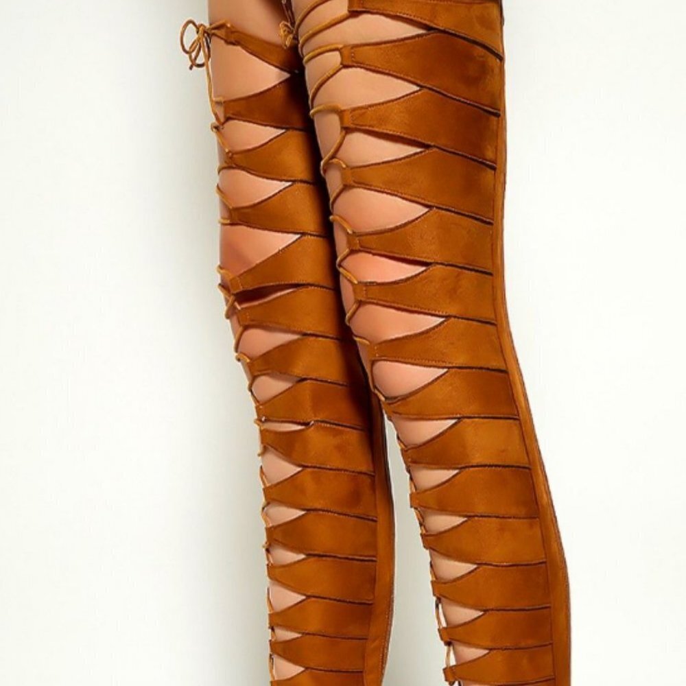 Tan Suede Lace Up Thigh High Boots Faux Suede - Picture 3 of 7